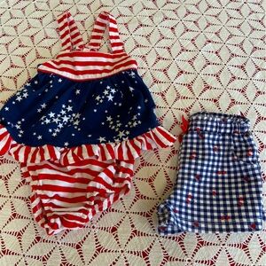 Cat & Jack Patriotic July 4th Stars & Stripes Dress + Cherries Shorts Sz 6-9 Mo